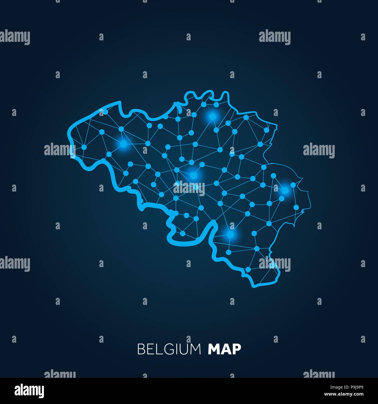 Mappa del Belgio ha fatto con linee collegate e punti luminosi. Illustrazione Vettoriale