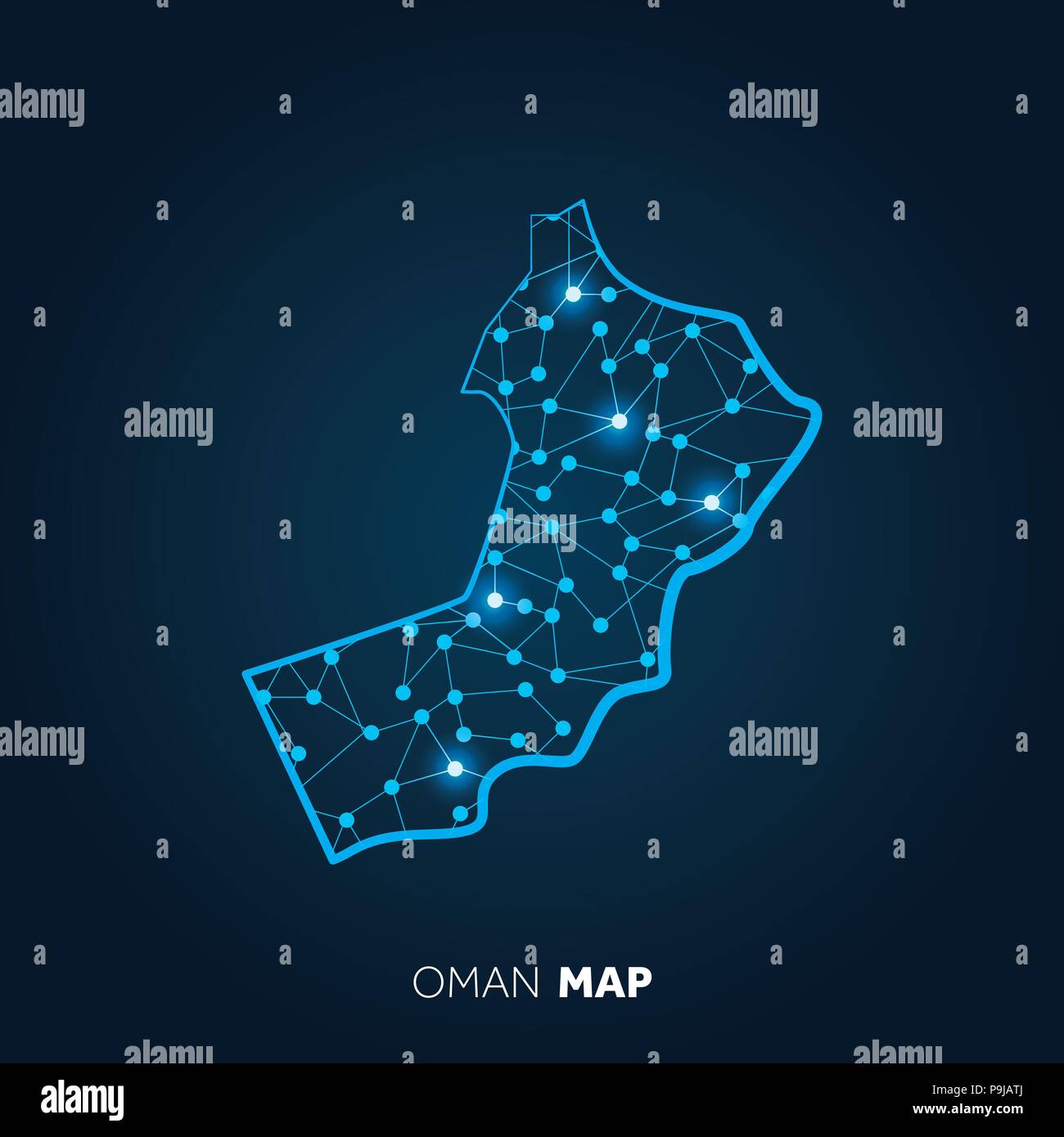 Mappa di Oman realizzato con linee collegate e punti luminosi. Illustrazione Vettoriale