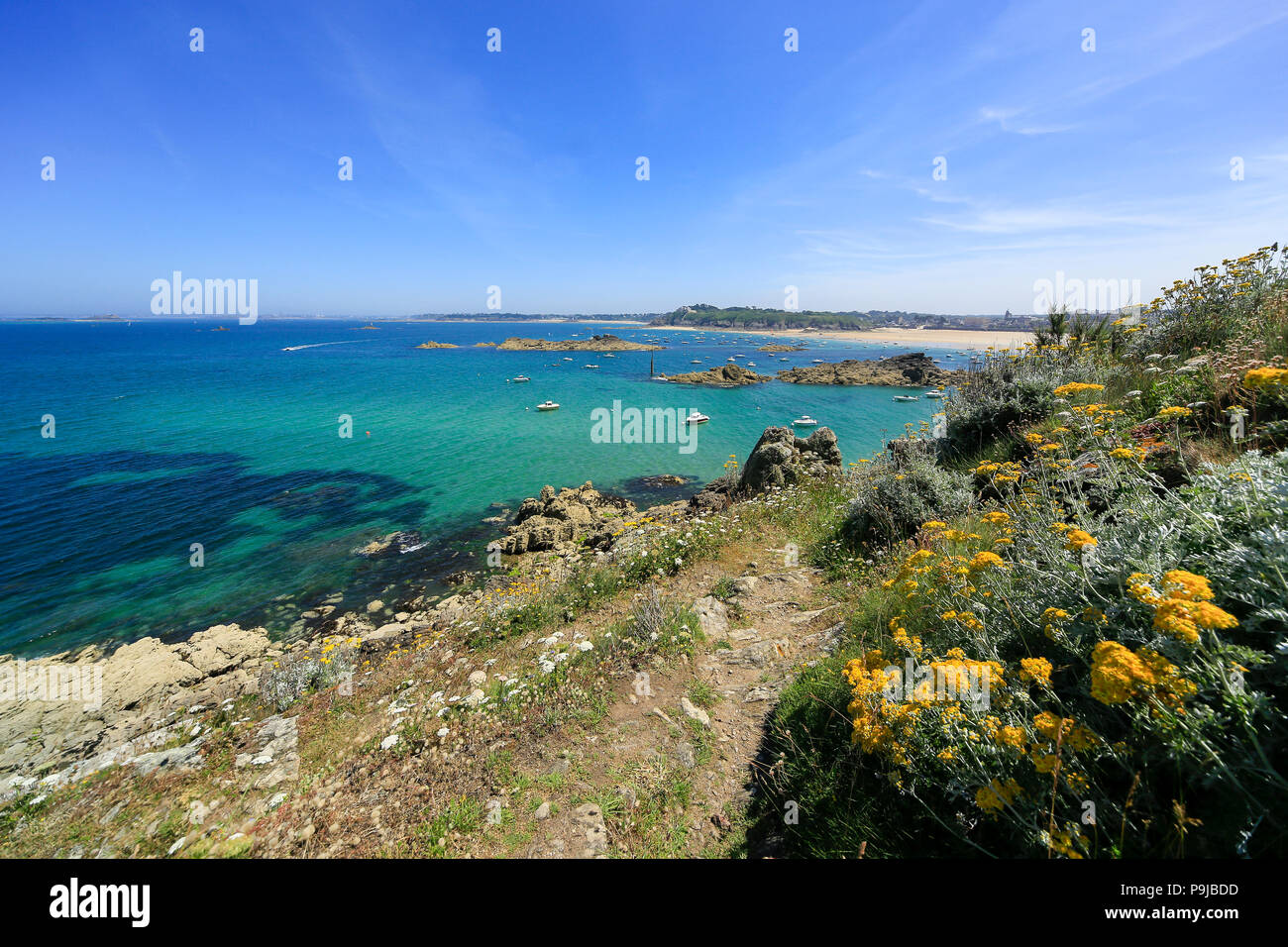 Le splendide baie e le rocce del nord della bretagna costa intorno a San Lunaire vicino a Dinard. Foto Stock