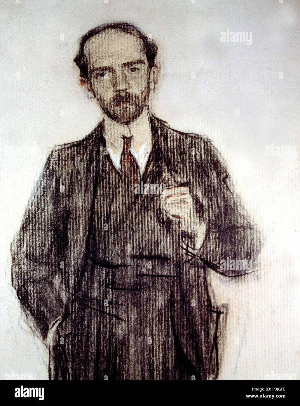 Ritratto di Pio Baroja (1872 - 1956), romanziere spagnolo, disegno a carboncino da Ramon Casas. Foto Stock