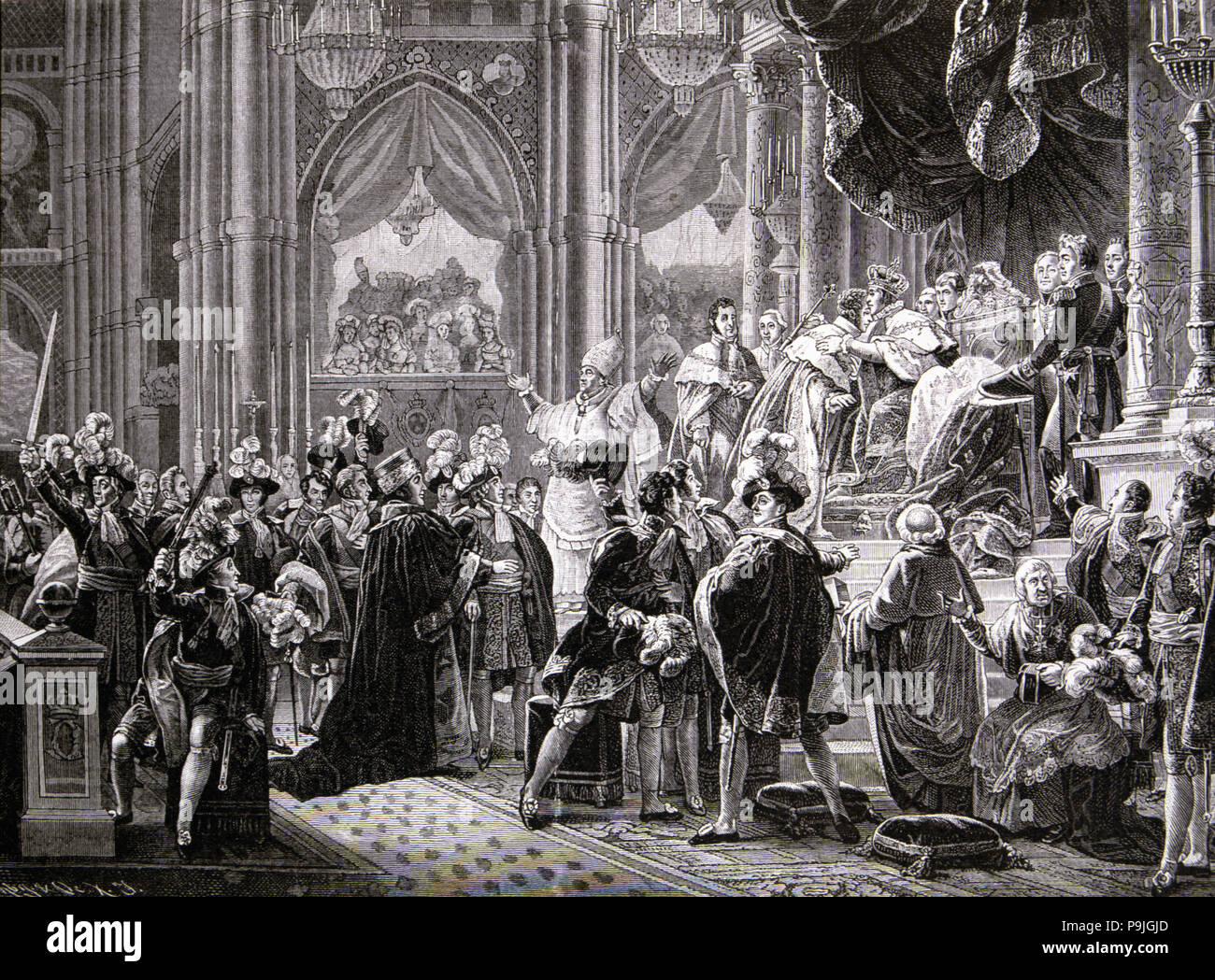 Carlos X (1757-1836), Re di Francia, la cerimonia di consacrazione nel 1825, incisione del National L… Foto Stock