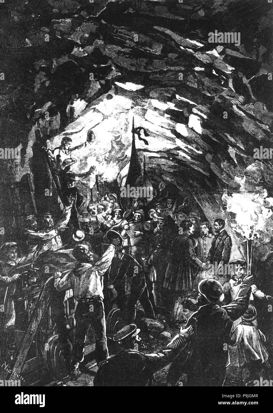 Costruzione di Saint - Gottardo nelle Alpi svizzere e la gioia dei lavoratori quando viene trovato il t… Foto Stock