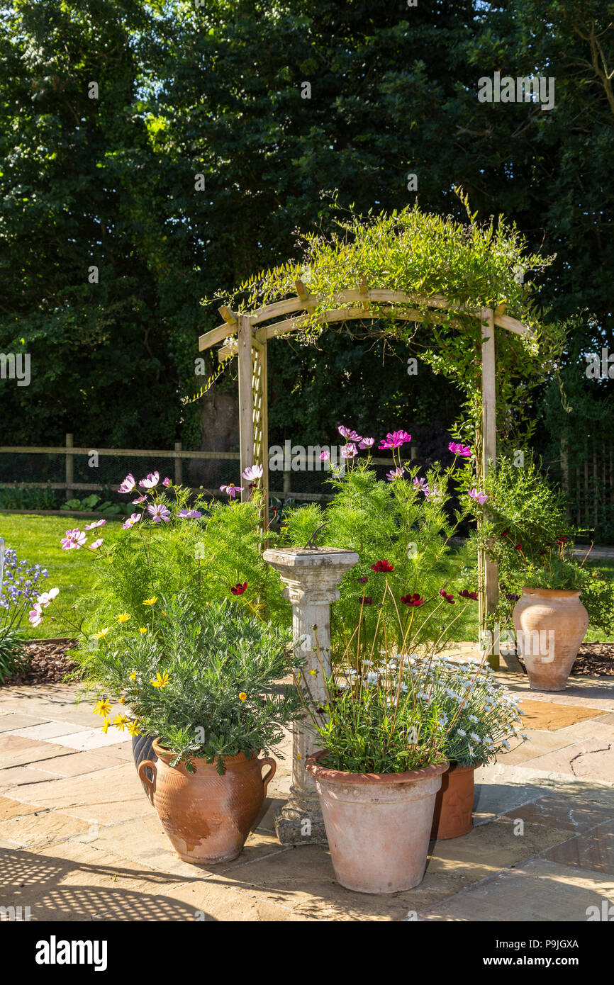 La scena del giardino con tavolo e sedie a sdraio, pentole di cosmo,cioccolato cosmo,marguerites, e da un arco coperto di gelsomino. Foto Stock