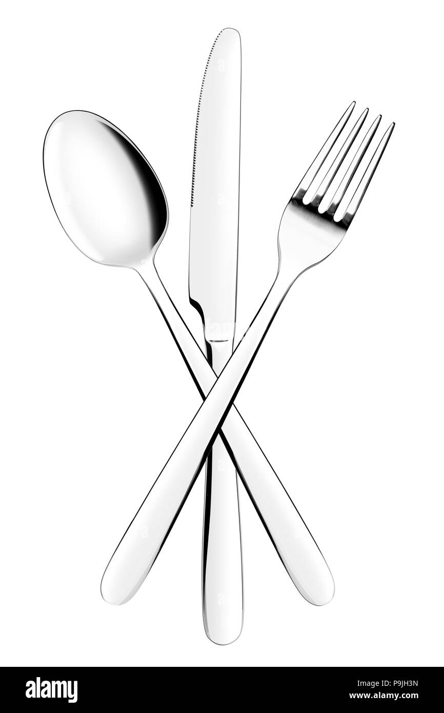 Forcella, coltelli, cucchiai, posate su sfondo bianco, isolato, Flic Foto Stock