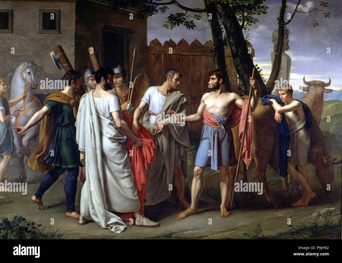 Cincinnatus lasciando l'aratro per fare le leggi a Roma', Lucius Quintus Cincinnatus, dittatore romano,… Foto Stock