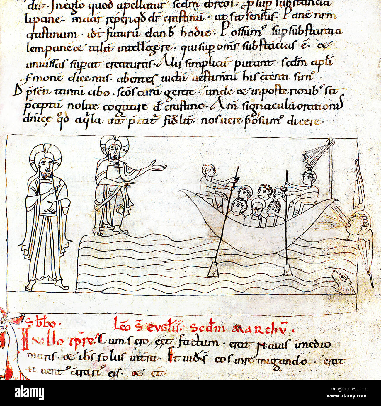 Manoscritto chiamato 'Homiliari de Beda' rappresentante Gesù che cammina sulle acque. Foto Stock
