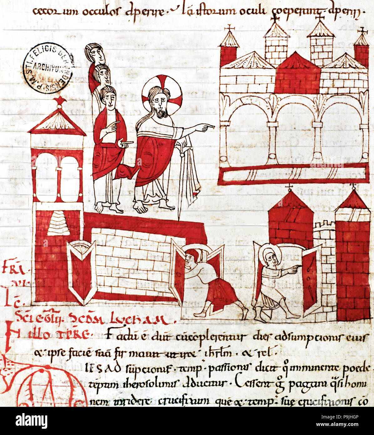 Manoscritto chiamato 'Homiliari de Beda', che rappresentano "Gesù alle porte di Gerusalemme". Foto Stock