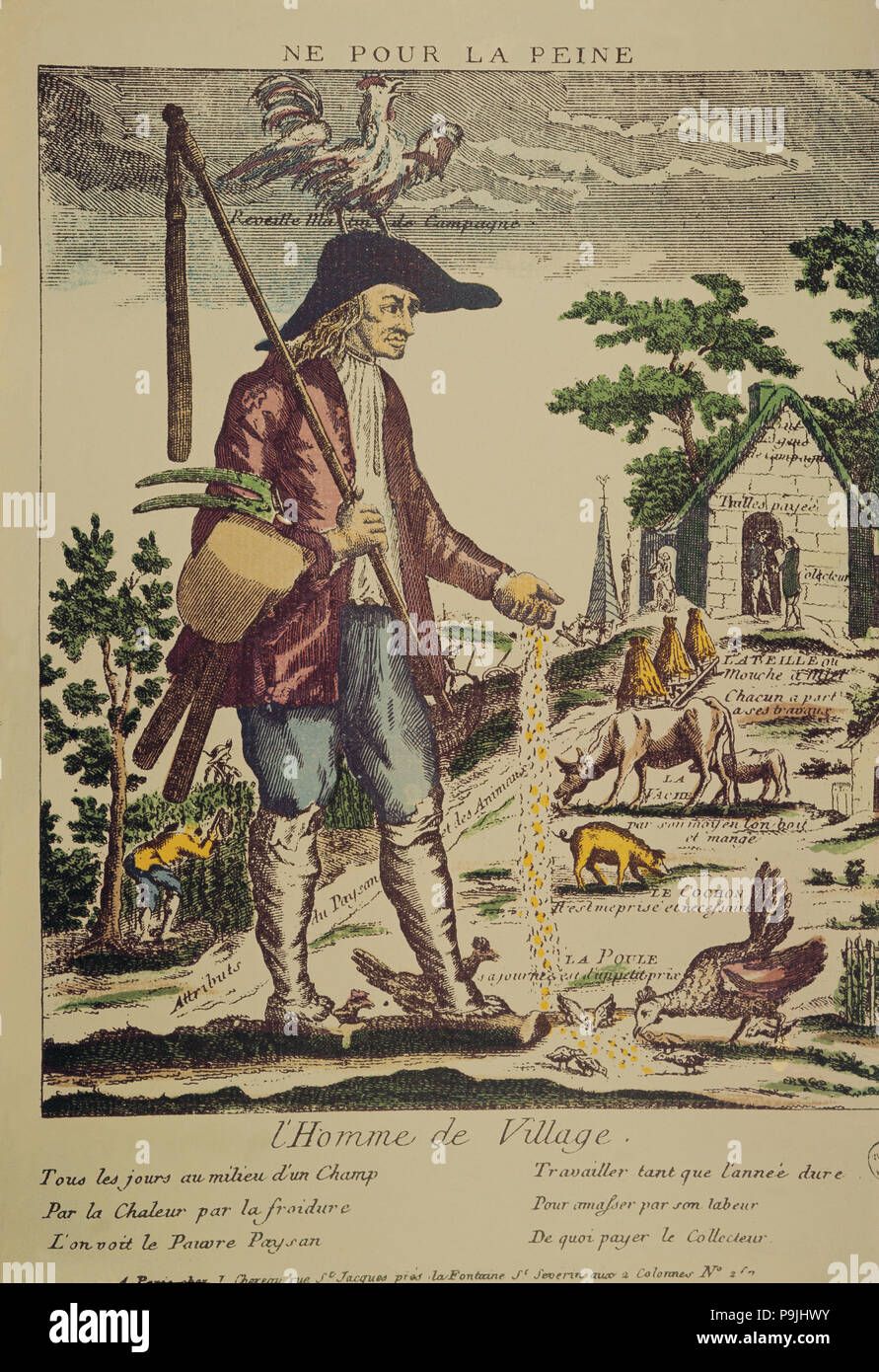 Nato a soffrire, allegoria sulla triste situazione degli agricoltori prima del 1789 Rivoluzione francese… Foto Stock