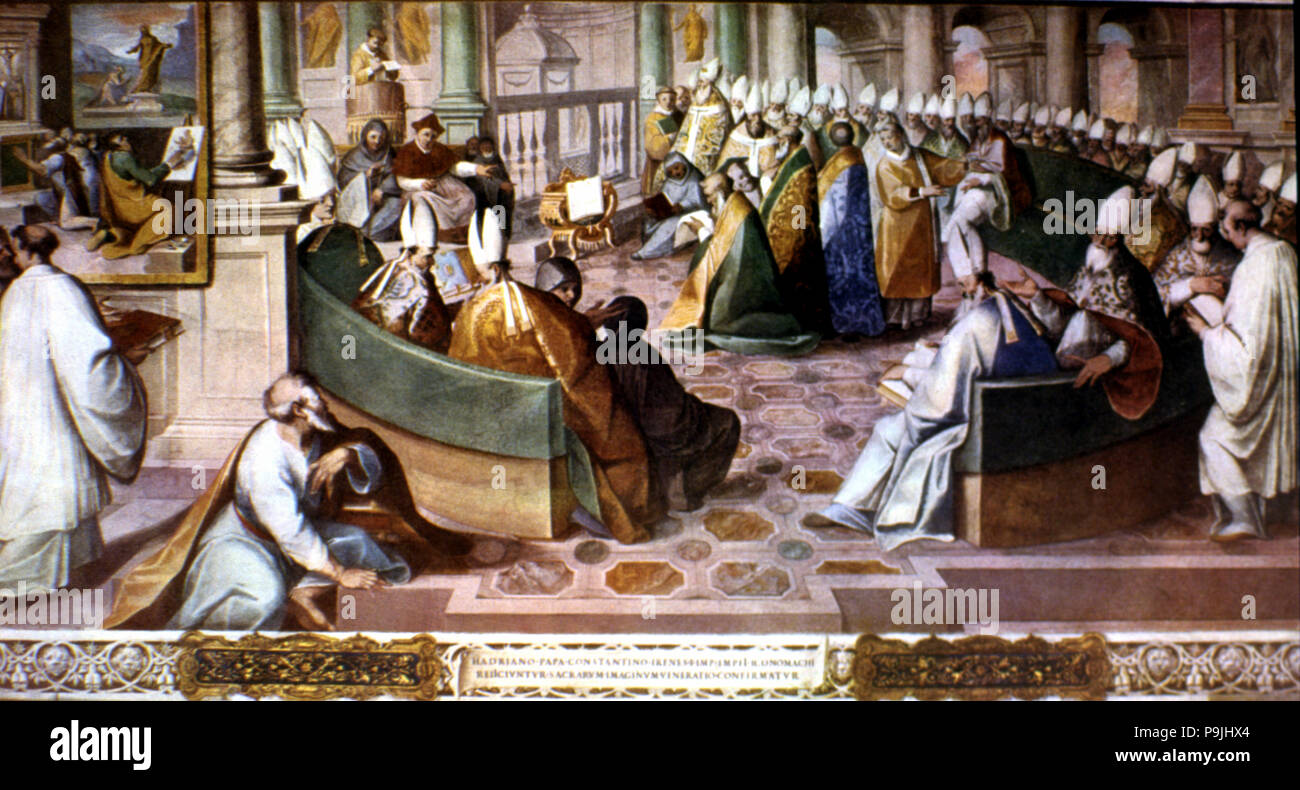 Il Secondo Concilio di Nicea, svoltasi a 787 sotto Papa Adriano I e il regno di Costantino VI, affresco… Foto Stock