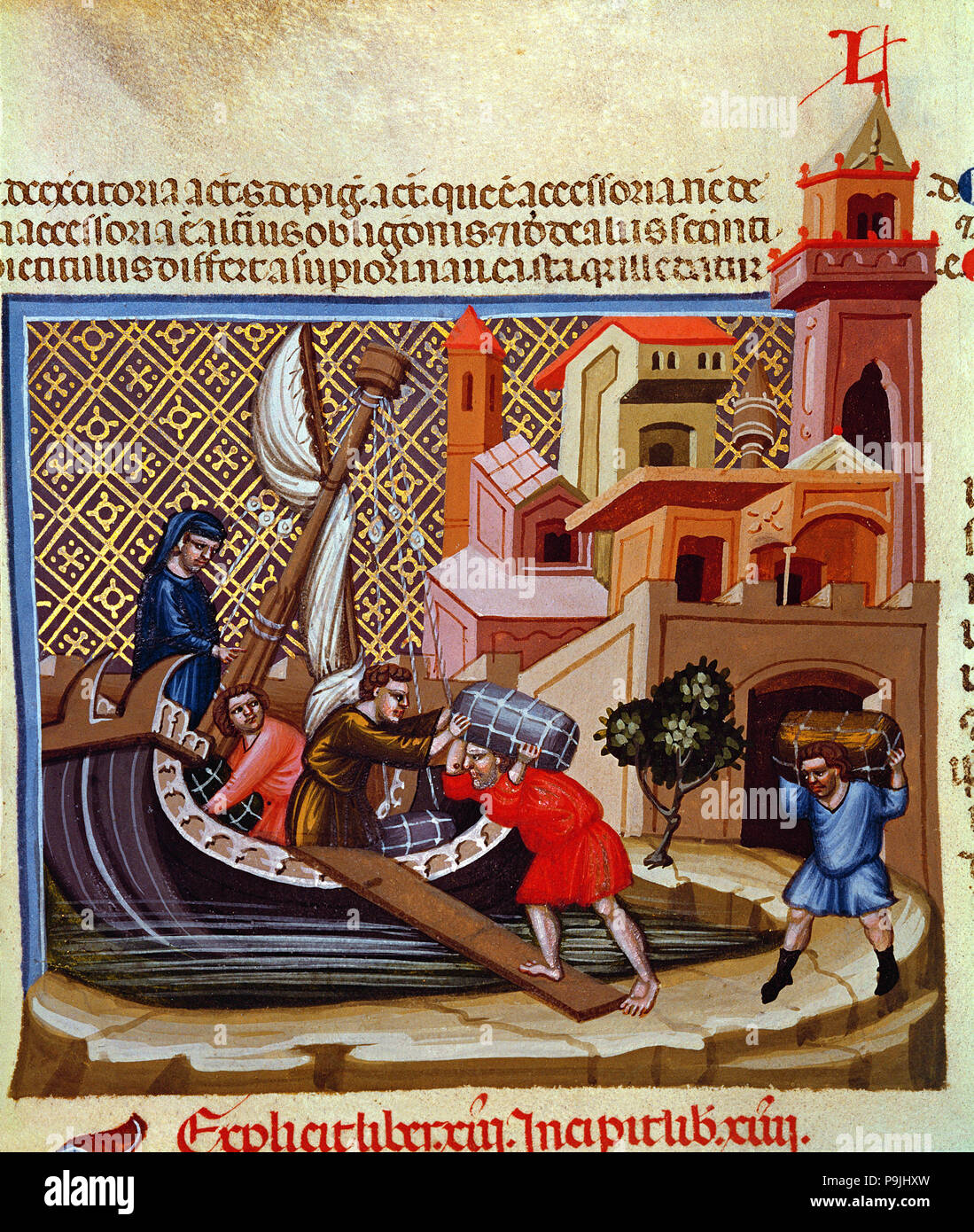 La spedizione di merci su una barca, miniaturizzati in 'Codex Giustiniano Institutiones Feodorum et Alia', illum… Foto Stock