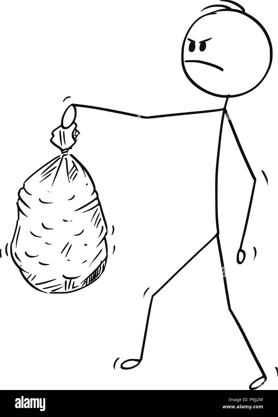 Cartoon di Angry Man che trasportano i rifiuti plastici in borsa Illustrazione Vettoriale