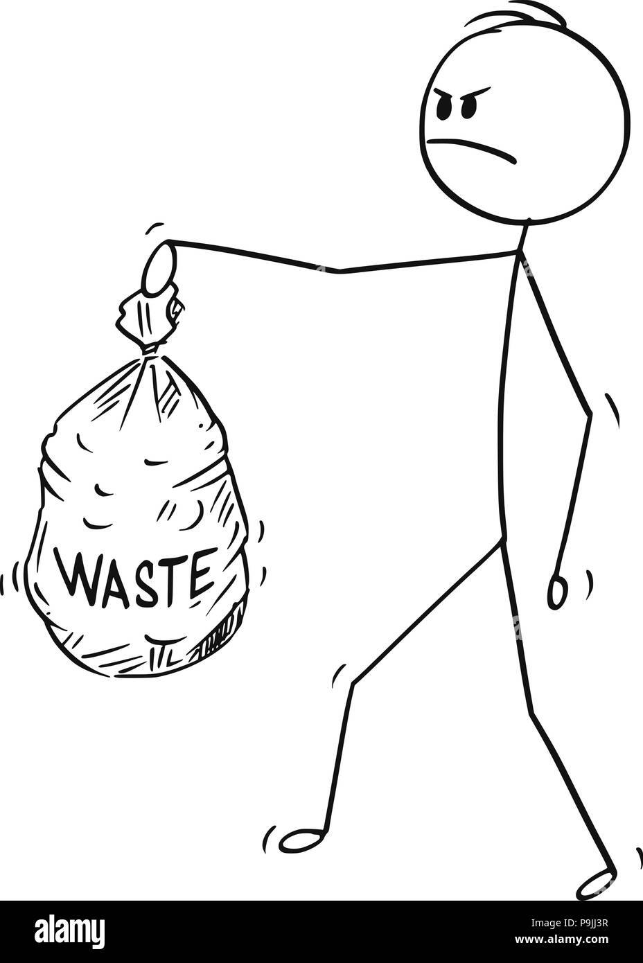 Cartoon di Angry Man che trasportano i rifiuti plastici in borsa Illustrazione Vettoriale