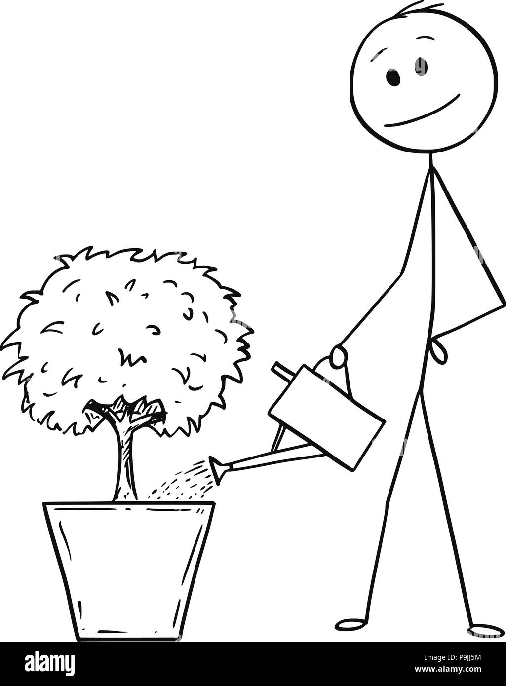 Cartoon di uomo o imprenditore albero di irrigazione nella pentola grande Illustrazione Vettoriale