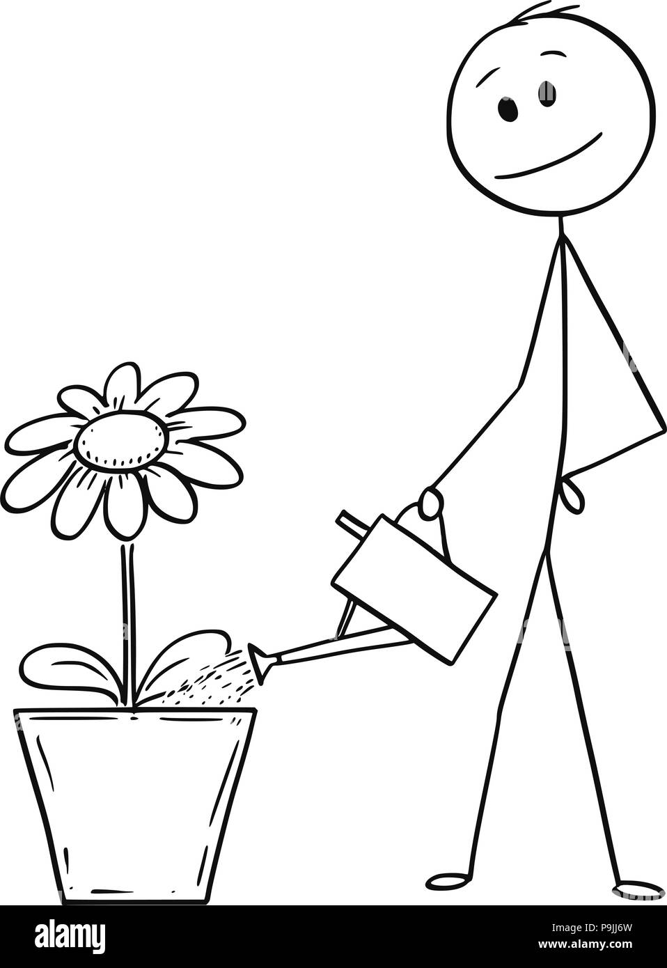 Cartoon di uomo o imprenditore fiore di irrigazione o della pianta in vaso di grandi dimensioni Illustrazione Vettoriale