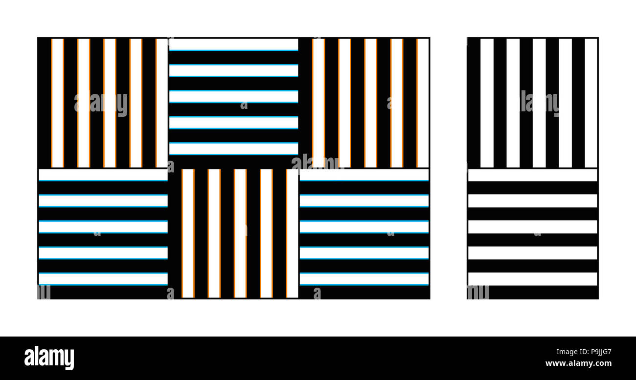 Acquerello illusione ottica su reticoli. La sottile blu e arancione lungo le linee verticali ed orizzontali ed i reticoli sembrano sparsi sul nero. Foto Stock