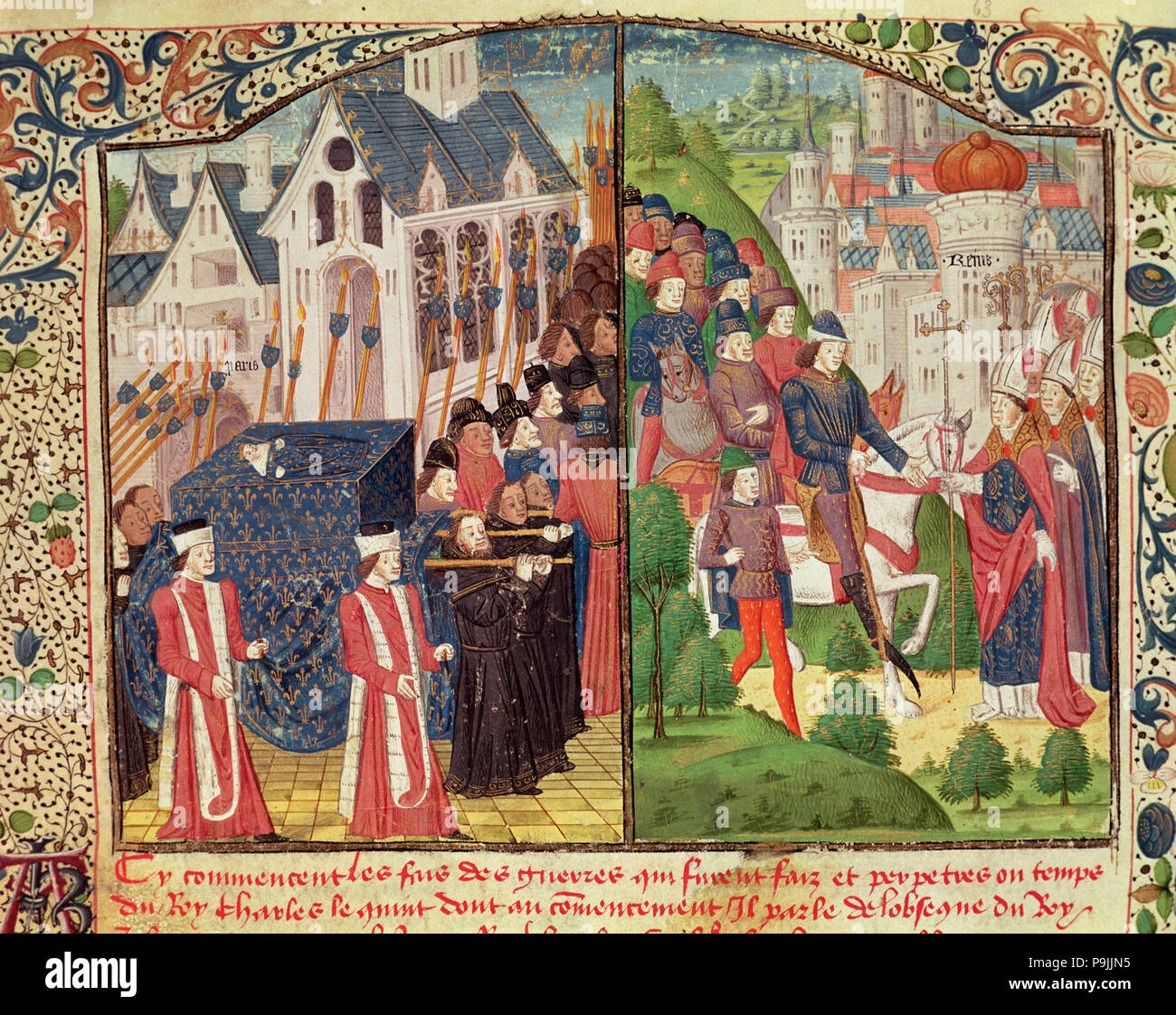 I funerali a Parigi di Saint Louis o Luigi IX re di Francia (1270) e 'entrata di Carlo V 'W… Foto Stock