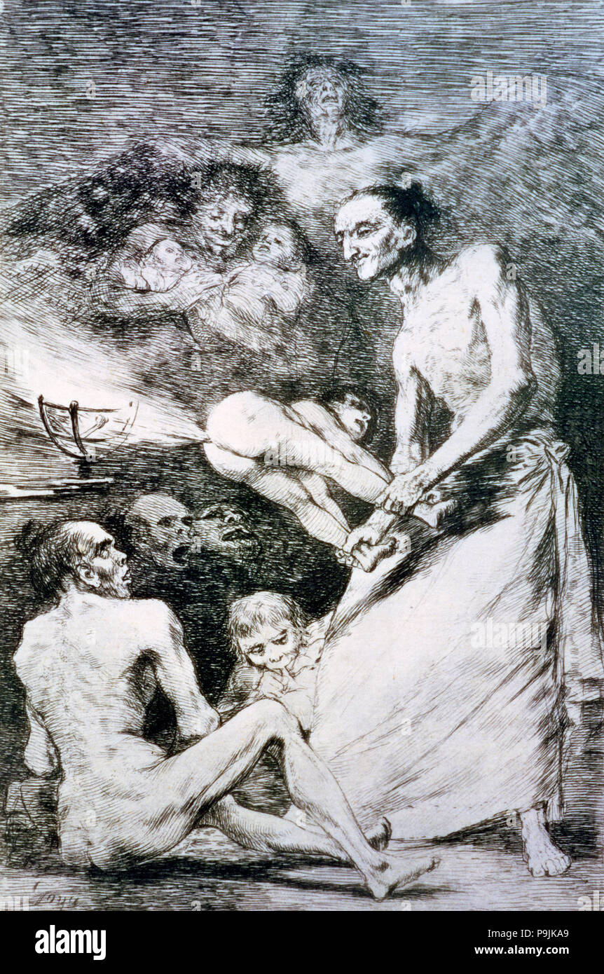 Los Caprichos, serie di incisioni di Francisco de Goya (1746-1828), la piastra 69: 'Sopla' (raffica di vento w… Foto Stock