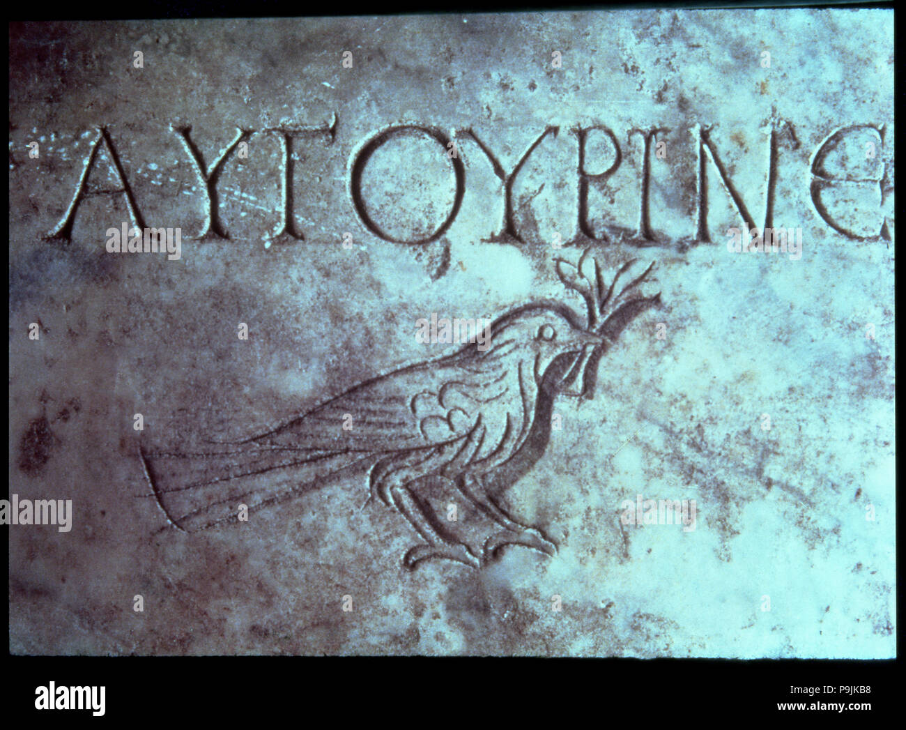 Lastra tombale con la figura di una colomba o un passero nelle catacombe di San Callisto. Foto Stock