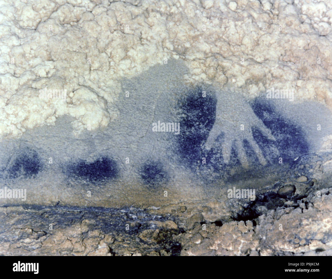 Pannello di i punti cavalli (Dipinti Camera, grotta Pech-Merle): dettaglio di una mano in negativo in bla… Foto Stock