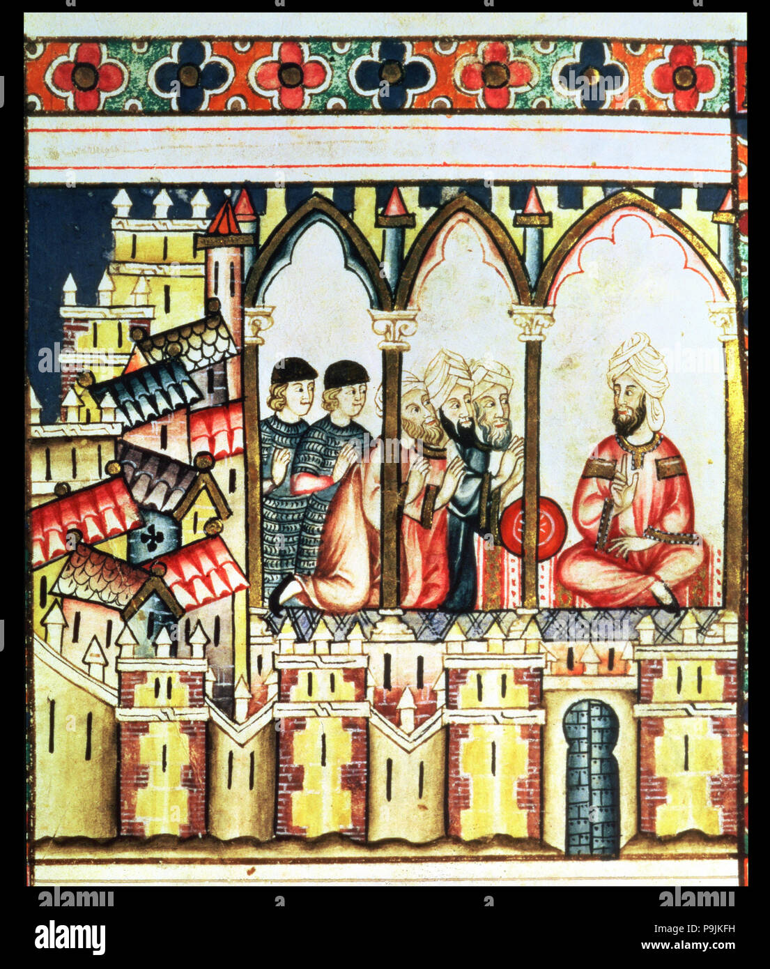 Governatore almohade conducendo un consiglio di guerra nel suo castello, l'Alcázar di Siviglia, miniaturizzati in… Foto Stock