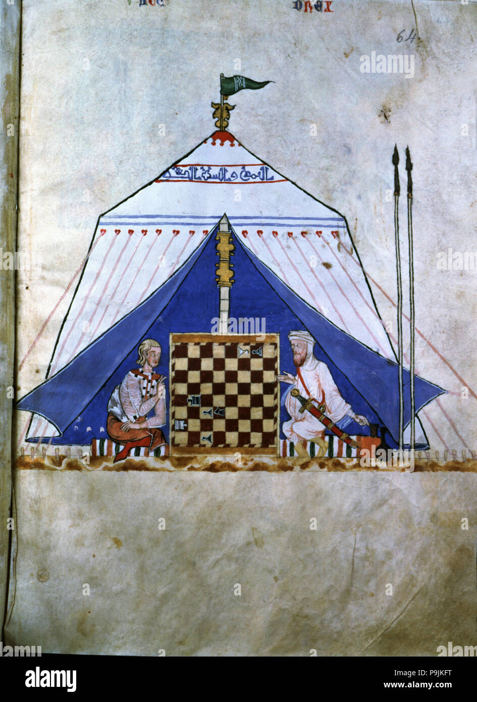 Moro e Christian giocando a scacchi all'interno di una tenda. Miniatura nel "Libro dei giochi, scacchi, dice … Foto Stock