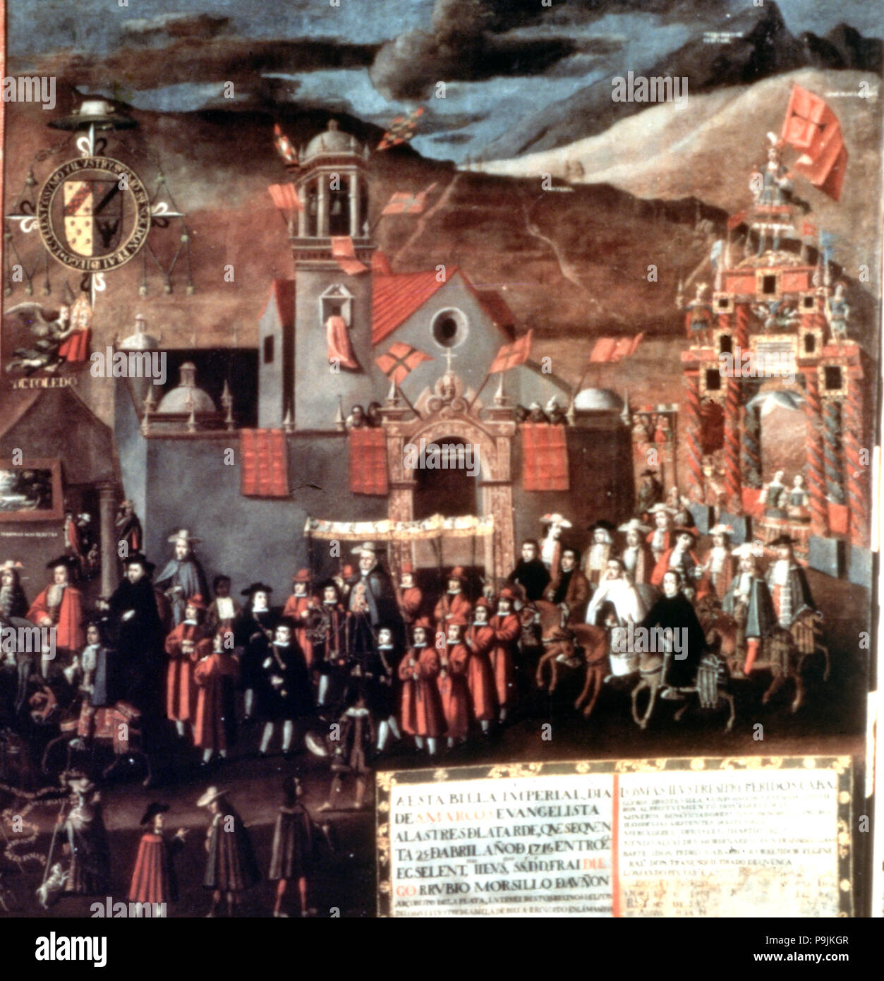 Ingresso del viceré Morcillo in Potosi, dettaglio del dipinto da Melchor Perez de Holguin. Foto Stock