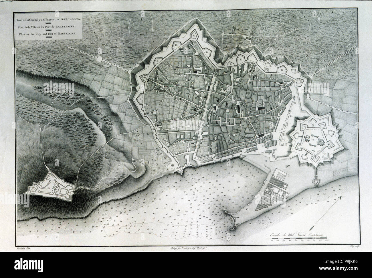 Mappa della città di Barcellona, il porto e il Montjuic, incisione da Alexander Laborde, 1808, f… Foto Stock