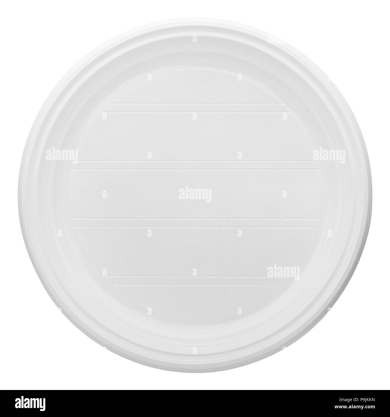 Monouso di piatto di plastica bianca, percorso di clipping, isolato su bianco Foto Stock