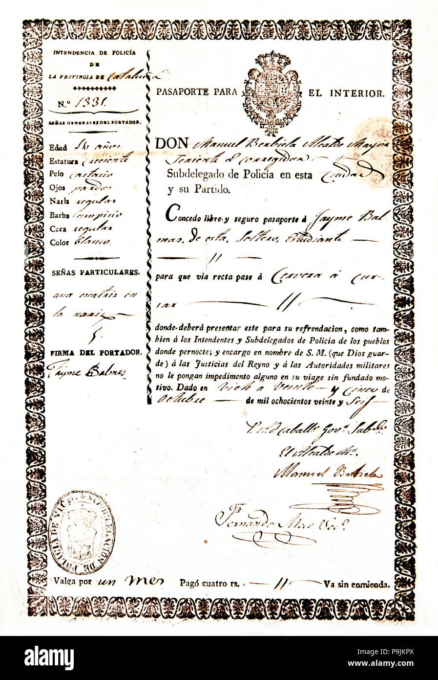 Di passaporto per i movimenti all'interno rilasciato a Jaime Balmes per andare da Vic a Cervera il 2 ottobre 182… Foto Stock