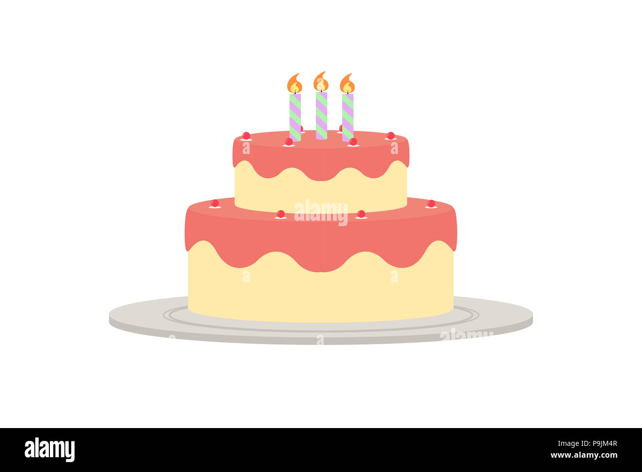 Illustrate il disegno di una torta di festosa di due livelli con tre candele Foto Stock