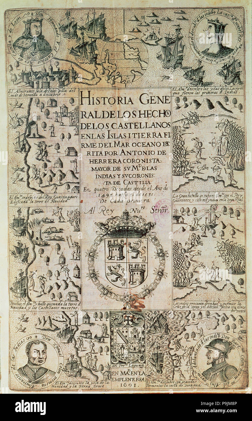 Coperchio del 'decenni; decennio II', 1739 edition da Antonio Herrera. Foto Stock