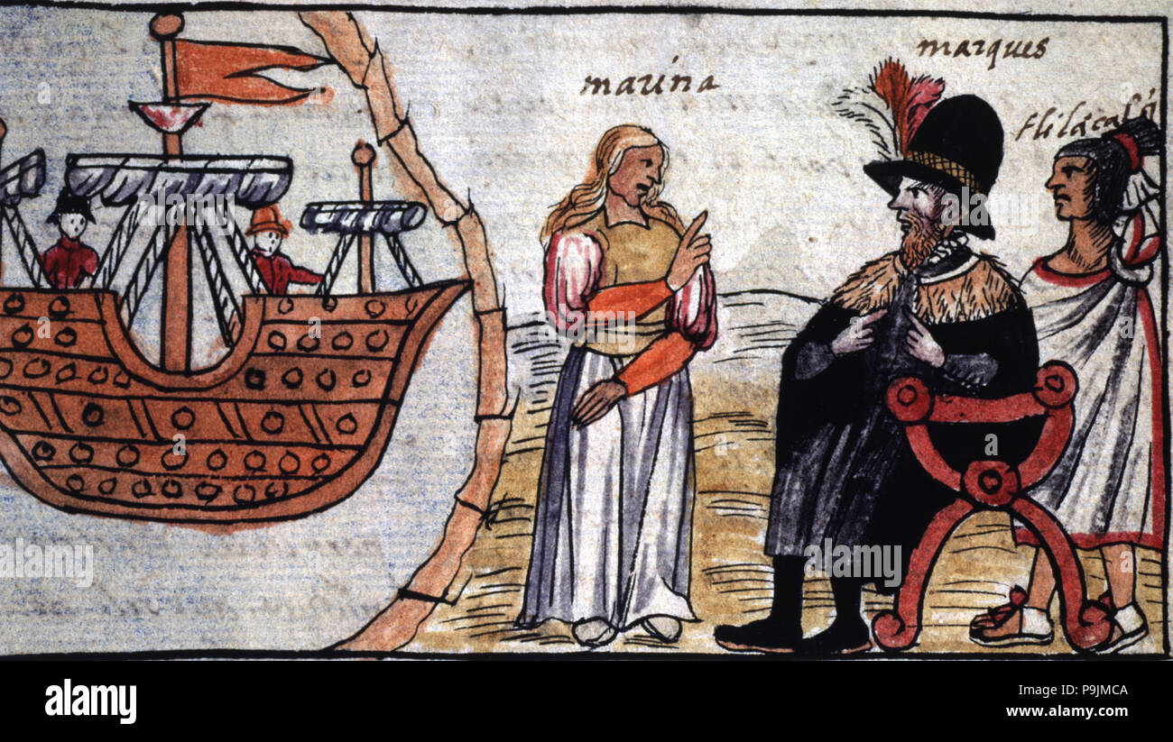 "Hernán Cortés e la Marina indiana (o la Malinche)'. Durán Codex, pagina 202. Incisione. Foto Stock