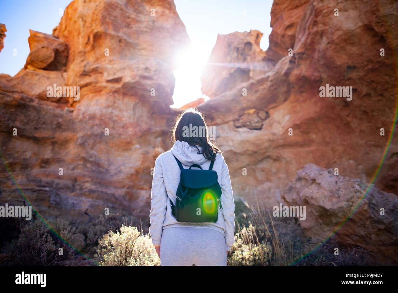 Traveler donna godono pittoreschi monti in canyon retroilluminati da sun. Concetto di viaggio Foto Stock