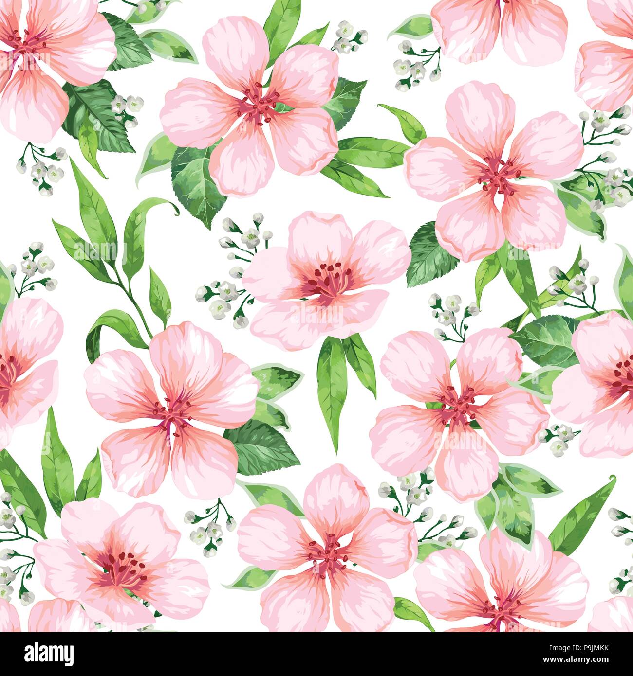 Modello senza soluzione di continuità con la fioritura del melo Fiori su fondo bianco. Eleganza vintage infinite texture in stile acquerello . Illustrazione Vettoriale