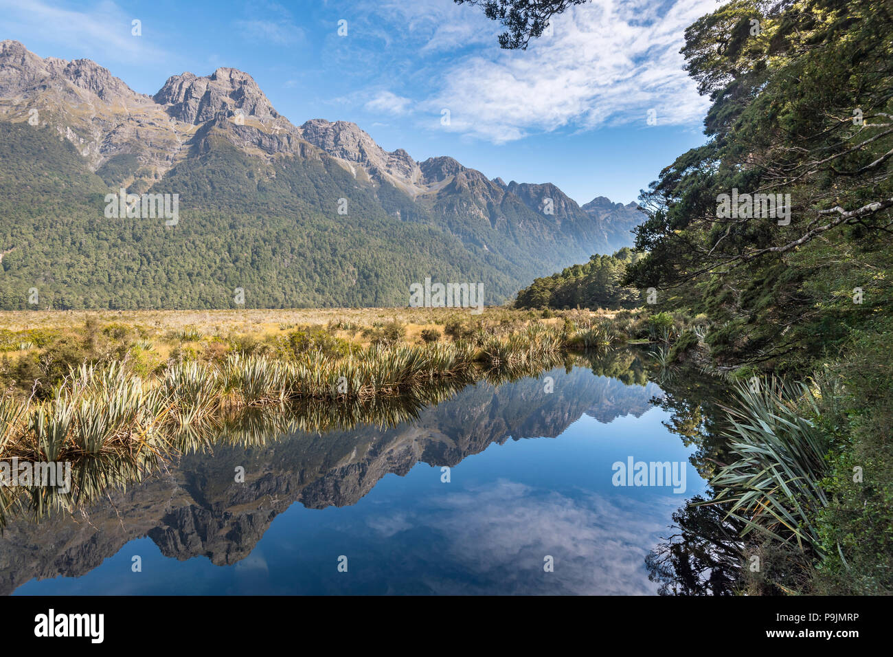 Mirror Lake con acqua riflessioni sulle montagne, il Parco Nazionale di Fiordland, Milford autostrada, Southland, Nuova Zelanda Foto Stock