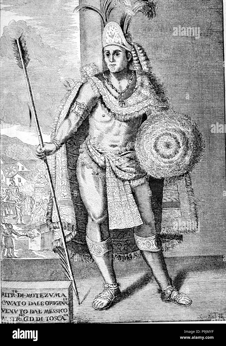 Moctezuma, l'imperatore azteco tra 1440-1469, incisione nel libro "Storia della Conquista o… Foto Stock