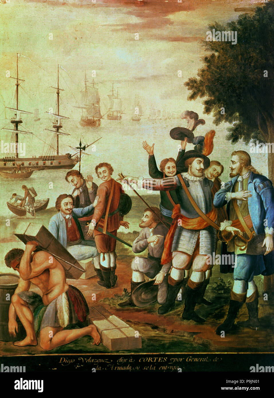 Diego Velázquez sceglie come generale dell esercito Cortes e dona a lui" dipinto ad olio di serie 'Conqu… Foto Stock