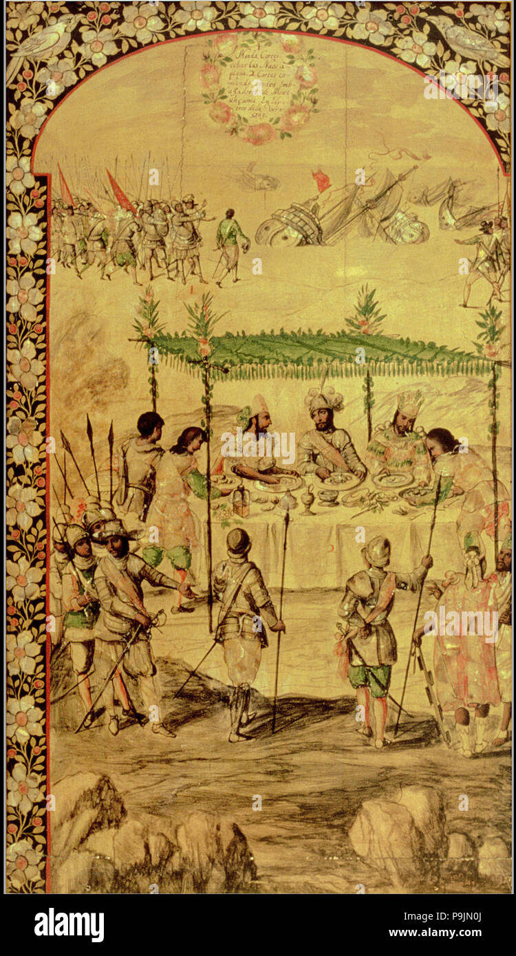 American Conquest, Hernán Cortés comando per distruggere le navi, superiore e Cortés soddisfa con ambassa… Foto Stock