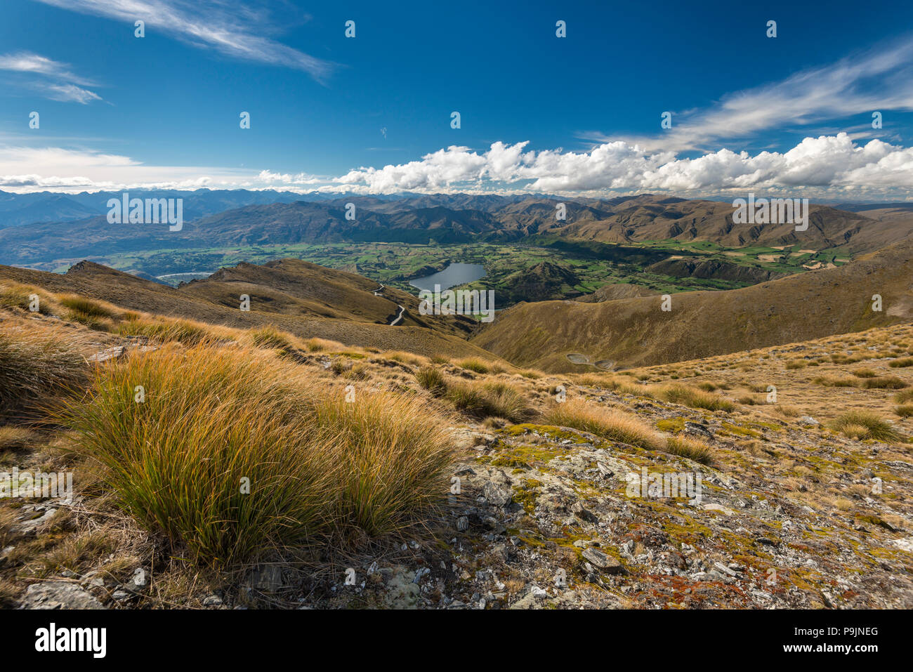 Vista dalla Remarkables verso Frankton Valley vicino a Queenstown, Queenstown, Otago, Isola del Sud, Nuova Zelanda Foto Stock