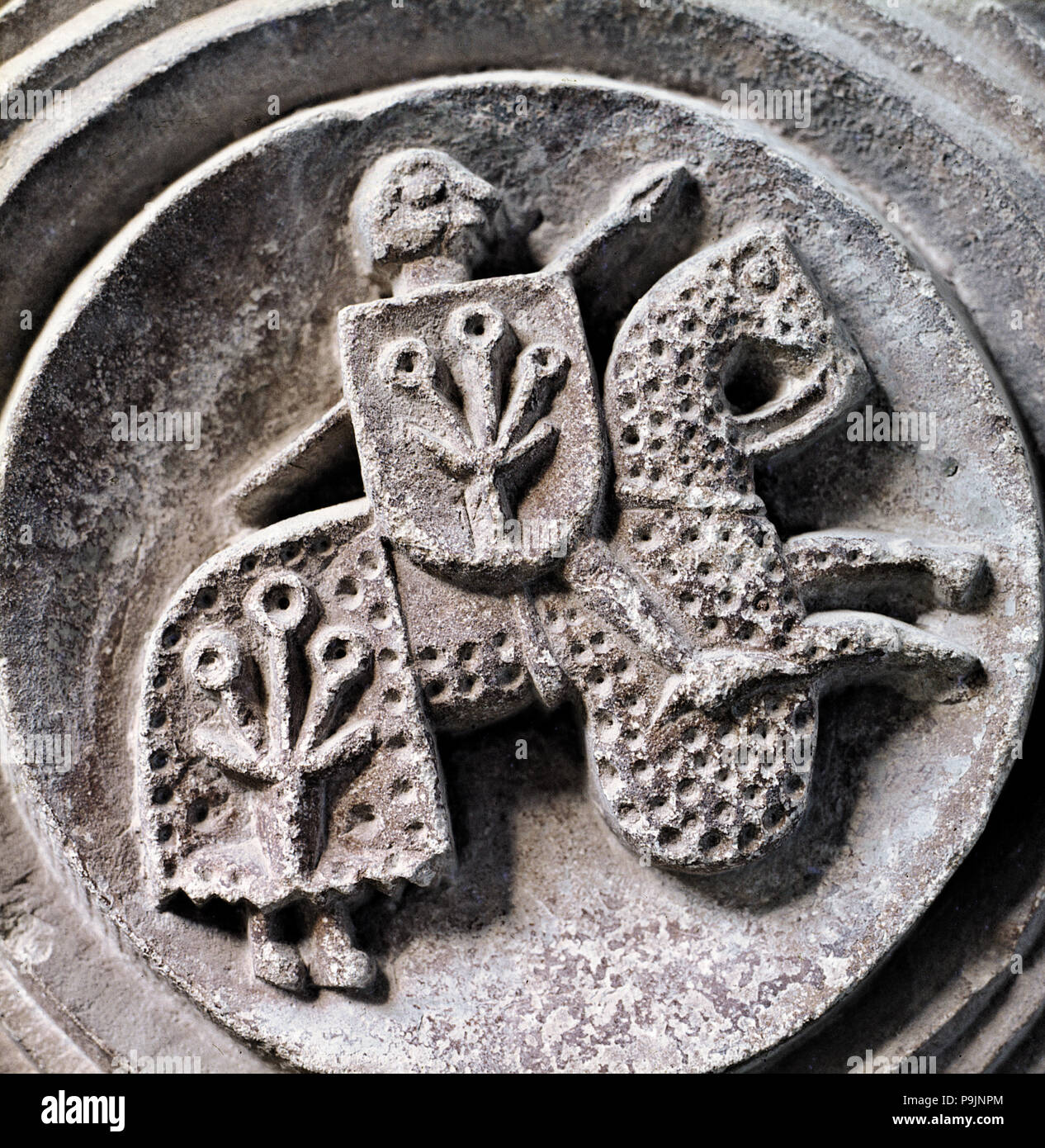 Lo stemma della famiglia di Cardona, una capitale nel chiostro del Monastero di Santa Maria de … Foto Stock