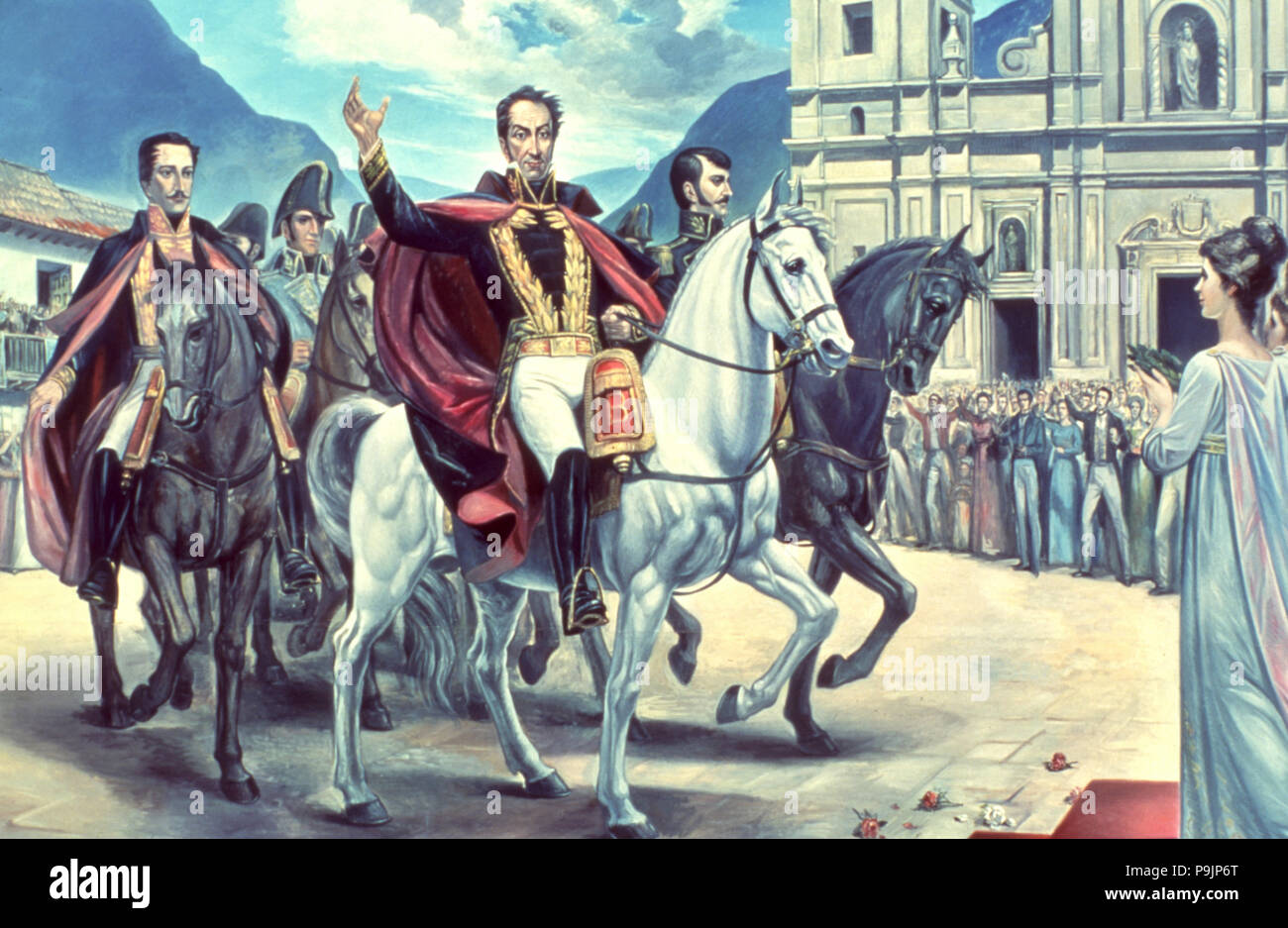 Ingresso trionfale di Bolivar, Santander e Anzoategui alla piazza principale di Santa Fe de Bogotà in … Foto Stock
