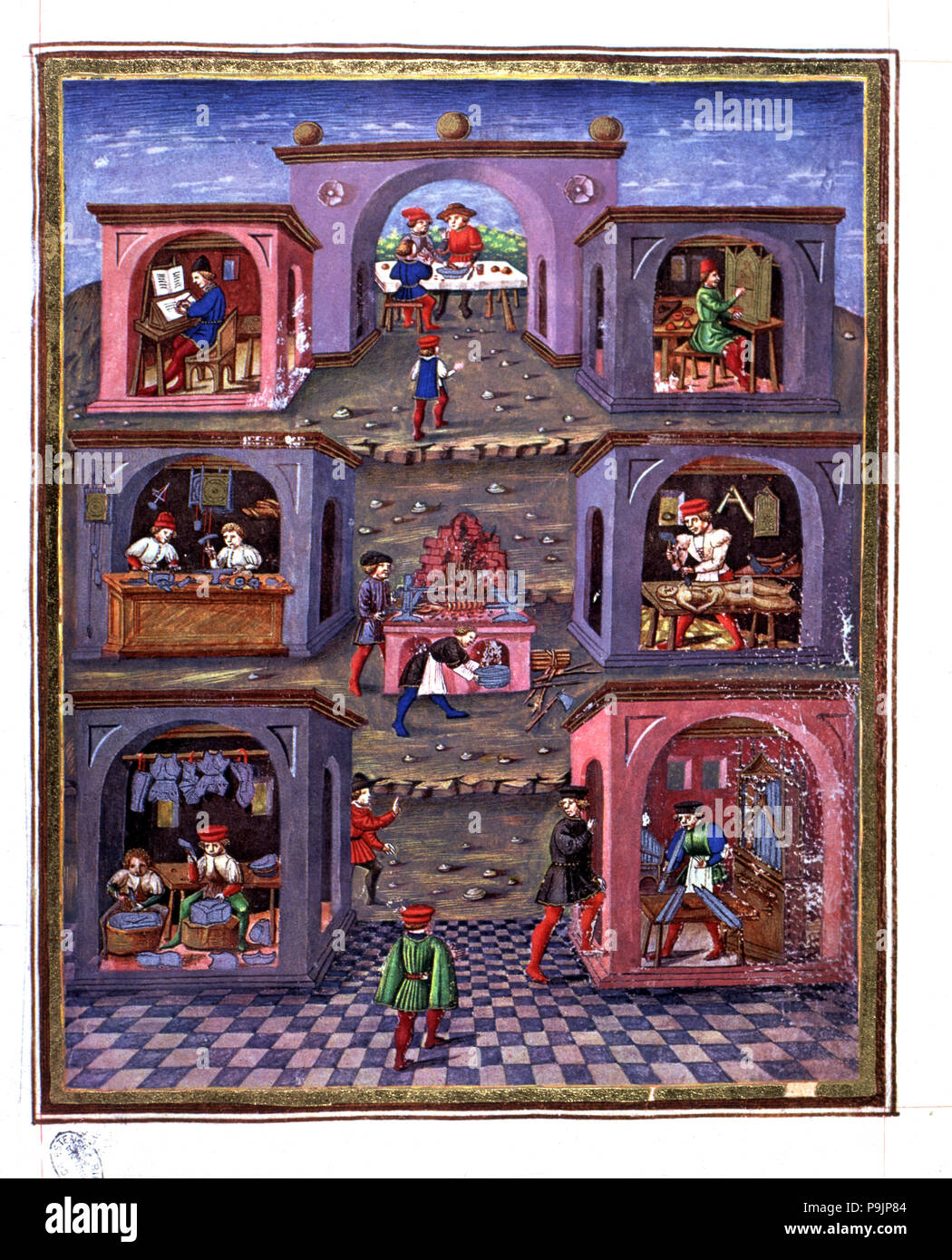 Arti e mestieri, illustrazione del libro 'De Sphera' xv secolo manoscritto illuminato. Foto Stock
