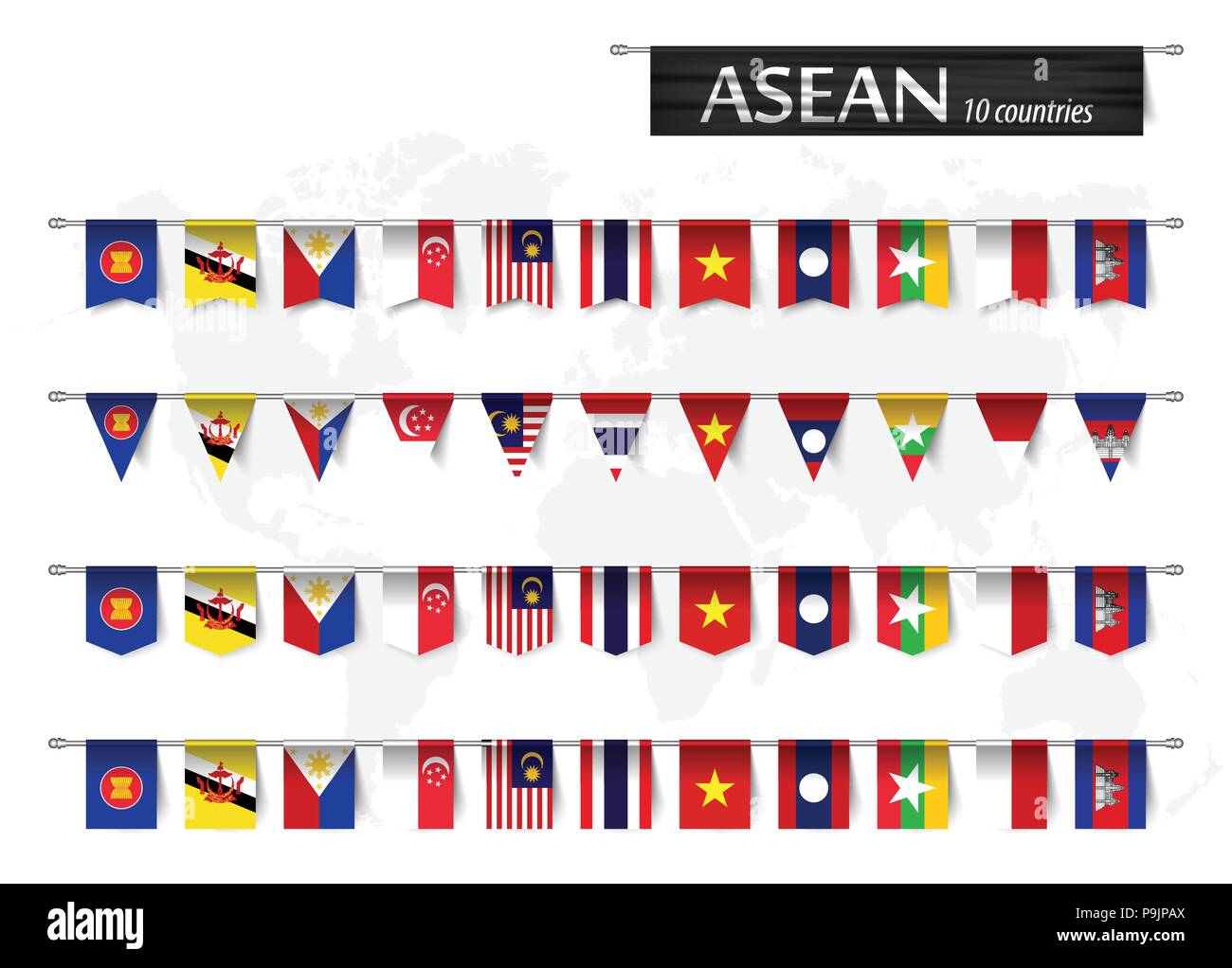 L'ASEAN (Associazione delle nazioni del sud-est Asiatico ) e varie forma bandiera della nazione di appartenenza del paese impiccati in pole e la mappa del mondo sfondo . Vettore Illustrazione Vettoriale