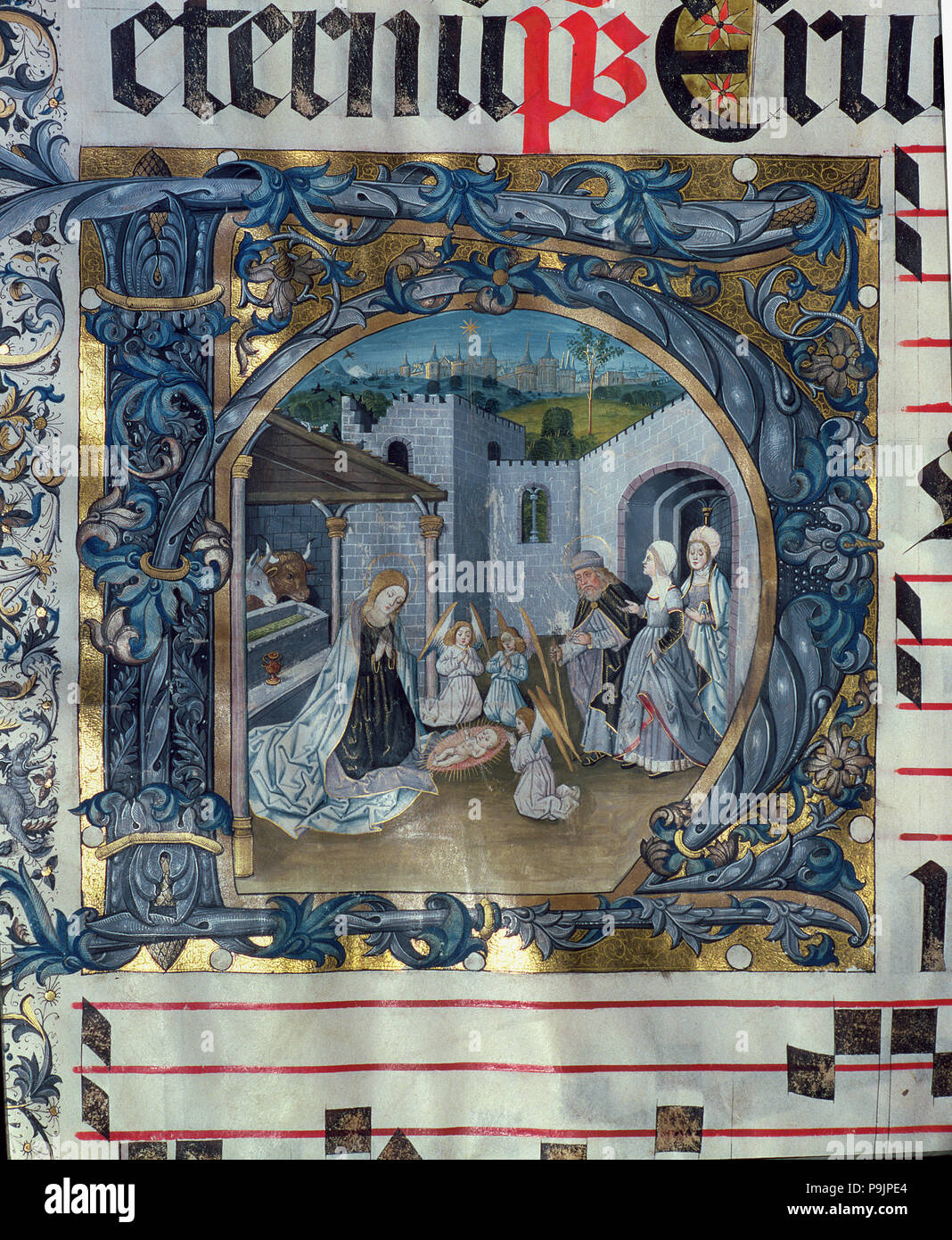 La nascita di Gesù, Choirbook n. 5, miniatura del H lettera maiuscola del foglio 88v. Foto Stock