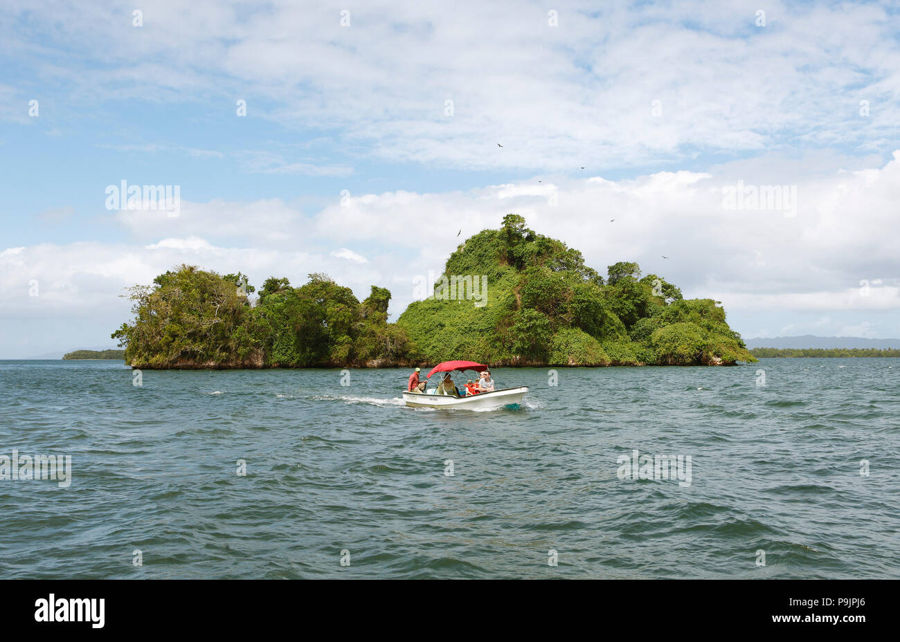 Cayo o isola di roccia, fregate volteggiare sopra, davanti un motoscafo, Parco Nazionale Los Haitises, Samaná Provincia Foto Stock