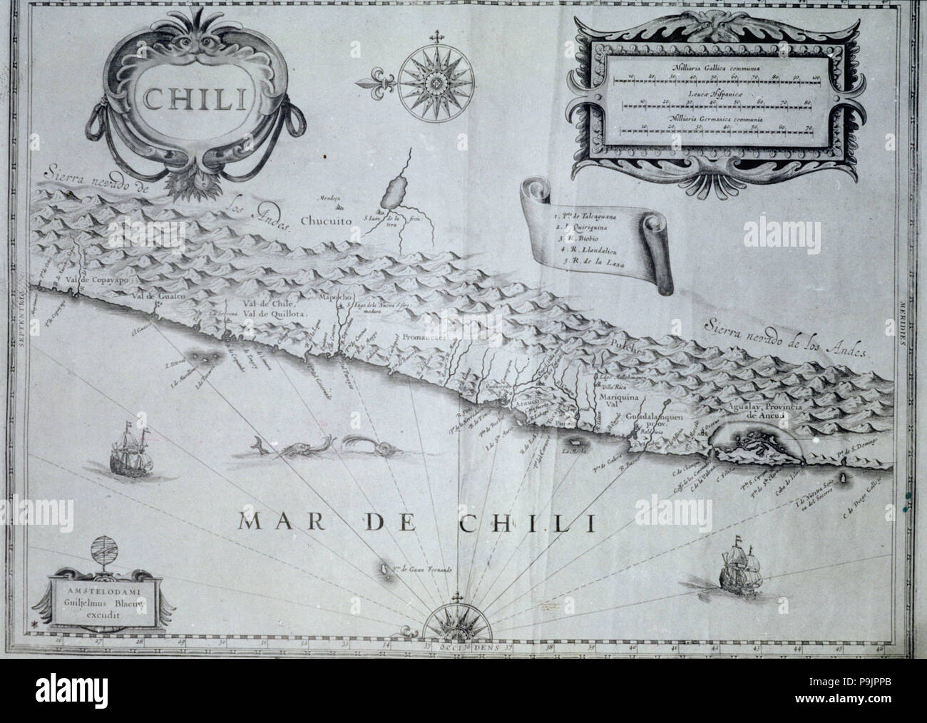 Mappa di Cile del xvii secolo secondo Guiljelmus Blaeuw. Foto Stock