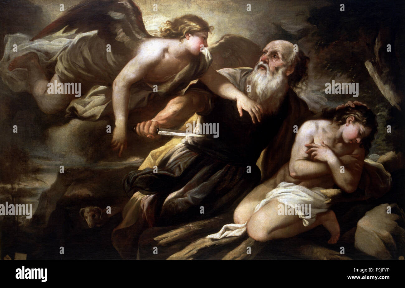 Il Sacrificio di Isacco", olio su tela, l'Ebreo patriarca Abramo è interrotta da un angelo … Foto Stock