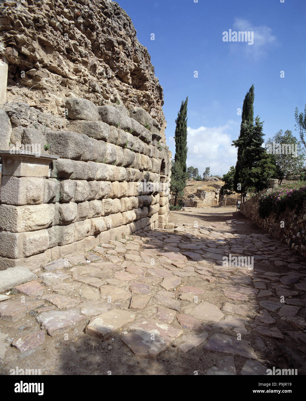 Teatro romano di Mérida, resti della strada che dava accesso all'entrata vomitoriums di … Foto Stock