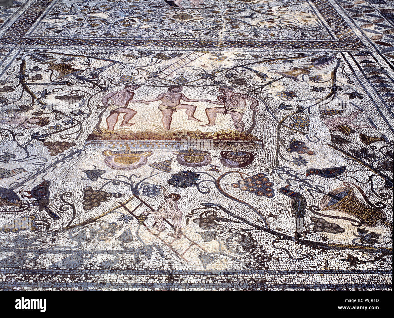 Rovine di Mérida, casa romana dell'Anfiteatro, dettaglio del mosaico con scene di calpestio di… Foto Stock
