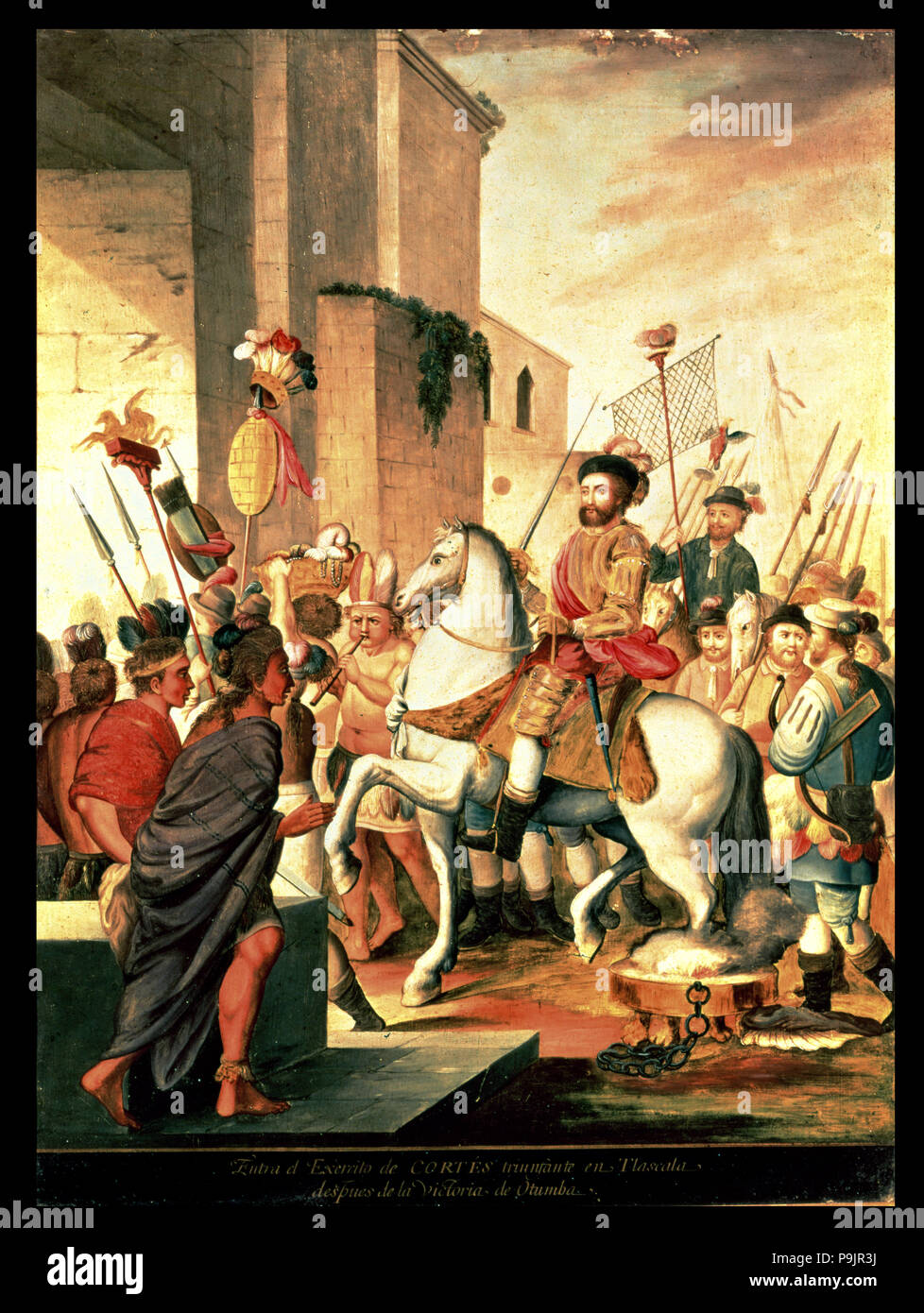 Ingresso di Cortés esercito trionfante nel Tlascala dopo la vittoria di Otumba, pittura ispirato… Foto Stock